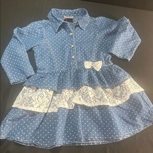 Blue Polka Dot Denim Dress with Sparkle accents & Lace Trim
